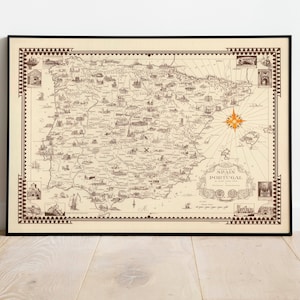 Impression de carte d’Espagne| Histoire de l'art| 1935 Carte du Portugal Art mural| Art mural encadré| Art sur toile| Affiche d’art| Imprime l’art mural| Impressions murales de cartes