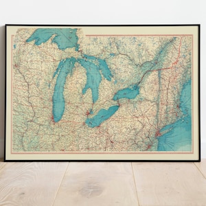 Geographische Karte der Region der Großen Seen| Karte Wanddeko | Vintage Karte Wandkunst| Poster| Karte Wandbild | Gerahmter Kunstdruck| Leinwanddruck Karte