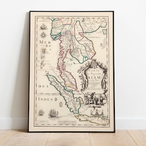 Gravierte Landkarte des Königreichs Siam 1686| Alte Karte Wanddeko | Vintage Karte Wandkunst| Posterdruck | Gerahmter Kunstdruck| Leinwanddruck Karte