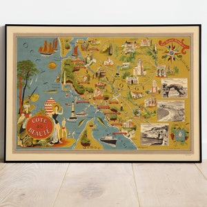 Cote de Beaute Karte Print| Kunstgeschichte| 1941 Frankreich Karte Wand Kunst| Gerahmte Wandkunst| Leinwandbild | Poster Kunst| Drucke Wandkunst| Landkarte Wandbilder