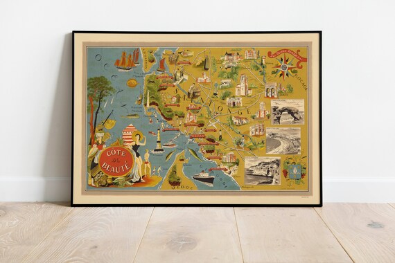 Vintage Cote de Beaute Map Print: 1941 France Travel Poster