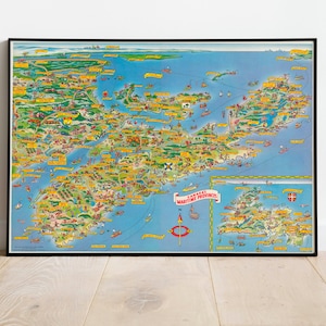 Carte illustrée de la Nouvelle-Écosse| Impression d'art mural encadré | Impression d'affiche | Décoration murale cartes du Canada| Impression sur toile prête à accrocher| Poster mural carte