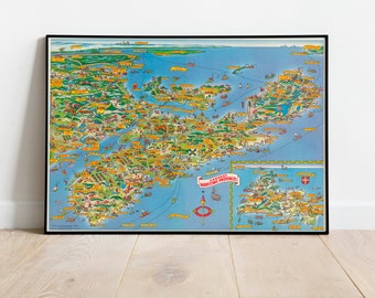 Pictorial Map of Nova Scotia| Framed Wall Art Print| Poster Print| Canada Maps Wall Decor| Canvas Print Ready to Hang| Map Wall Poster