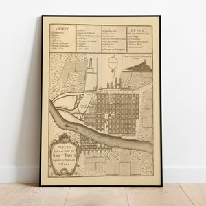 Mapa de Santiago 1777 / Mapas de Chile / Decoración de pared con mapas antiguos / Arte de pared con mapas vintage / Impresión de póster / Impresión artística enmarcada / Impresión de mapa en lienzo