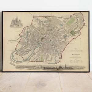 Moskau Stadt Karte Wand Print | Gerahmte Karte Wanddeko | 1835 Moskau Karte Kunstdruck | Posterdruck | Kunstdruck auf Leinwand | Karte Wandkunst Poster