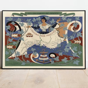 Frankreich Weine Karte Print | Kunstgeschichte| 1950 Languedoc Karte Wandkunst| Gerahmte Kunst| Leinwandbild | Poster Kunst| Drucke Wandkunst| Landkarte Wandbilder