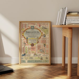 May include: A vintage map of Brighton, England, titled "A Map of Brighton, "The Queen of Watering Places." The map is illustrated with cartoon-like drawings of people, buildings, and landmarks. The map is printed on a cream-coloured background with a light blue border.