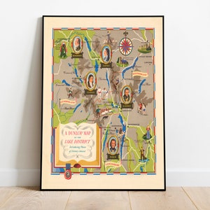 Lake District kaart afdrukken| Kunstgeschiedenis| Engeland kaart kunst aan de muur| Ingelijste muurkunst| Canvaskunst| Posterkunst| Afdrukken aan de muur | Kaart muurafdrukken