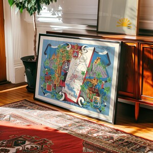 Picturale kaart van Côtes du Rhône-wijngaard (regio Frankrijk) Ingelijste poster Print Wall Art Canvaskunst muurdecoratie