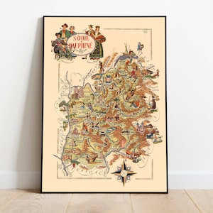 Impressão do mapa de Savoie e Dauphine | Cartaz do mapa de França do vintage | Arte de parede em tela Savoie e Dauphine | Impressão de parede de mapa antigo da França