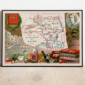 Kaart van het departement Gard, Frankrijk| Nîmes kunst aan de muur| Vintage Frankrijk kaart afdrukken | Uitgerekte canvasafdruk| Thuis wanddecoratie poster