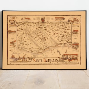 Santa Barbara Karte Print| Kunstdruck auf Leinwand | Kalifornien Vintage Karten für Wanddeko| Santa Barbara Karte Poster | Wandkarten| Pull Down Map