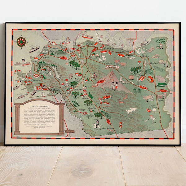 Contra Costa Map Print| Art History| 1932 California Map Wall Art| Framed Wall Art| Canvas Art| Poster Art| Prints Wall Art| Map Wall Prints