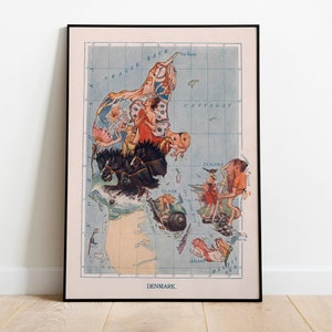 Carte historique et picturale du Danemark| Impression d’art mural de vieille carte| Impression d’art encadrée| toile murale de carte vintage| Impression murale| Impression d'affiche