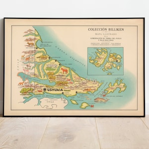 Mappa pittorica della Terra del Fuoco/ Ushuaia/ Stampa artistica da parete vecchia mappa/Stampa artistica incorniciata/Tela da parete mappa vintage/Stampa da parete/Stampa poster