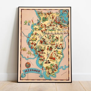 Stampa mappa dell'Illinois/ Storia dell'arte/ 1935 Mappa dell'Illinois Arte da parete/ Arte da parete incorniciata/ Arte su tela/ Poster Art/ Stampe Arte da parete/ Stampe da parete con mappa