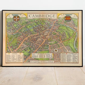Cambridge Stadt Karte Wanddruck | Gerahmte Karte Wanddekor | 1929 Cambridge Karte Kunstdruck | Posterdruck | Leinwanddruck Wandkunst | Karte Wand Kunst Poster