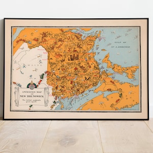 Animierte Karte von New Brunswick| Vintage Karte | Alte Karte Wand Prin| Leinwandbild | New Brunswick Wandkunst| Poster Vintage