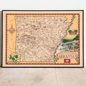 Arkansas Map Wall Print | 1938 Arkansas Karte| Posterdruck | Kunstdruck auf Leinwand | Alte Karte Wand Kunst Poster | Gerahmte Landkarte als Wanddeko