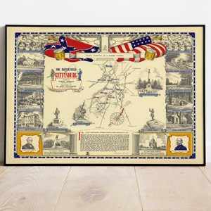 Schlacht von gettysburg Karte Wandkunst | USA Karte Drucken | Kunstgeschichte| Gerahmte Kunst | Leinwand Kunst| Plakatkunst| Druck Wand Kunst | Karte Wandbilder