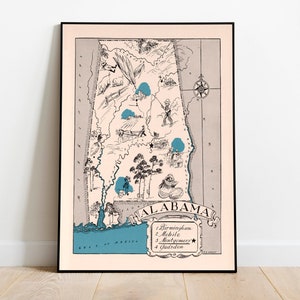 Mapa decorativo do estado do Alabama | Impressão de arte de parede | Arte da parede do Alabama | Cartaz do mapa de Alabama | Impressão de parede do Alabama | Tela de embrulho de galeria