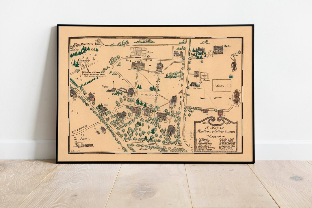 Map of Middlebury College Campus Middlebury Wall Art Prints on Canvas