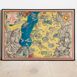 Carte du Pays de Si Rouge la Rose| Impression de carte picturale| Décor mural en toile d’art| affiche de carte vintage| Impressions d’art mural| Art de l’affiche