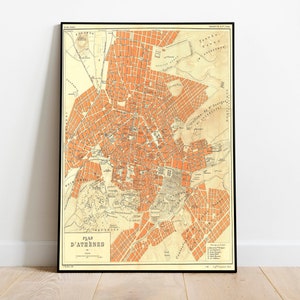Athen City Map Wandbild | Gerahmte Karte Wanddeko | 1896 Athen Karte Kunstdruck | Posterdruck | Kunstdruck auf Leinwand | Karte Wandkunst Poster