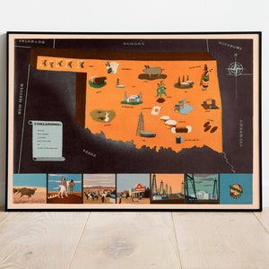 Historische Karte von Oklahoma| 1938 Oklahoma Map Wall Print | USA Karten Wanddeko | Leinwandbild Fertig zum Aufhängen | Gerahmter Kunstdruck| Landkarte Wandposter