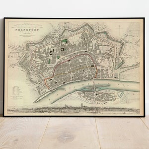 Frankfurt Karte Print| Fine Art Prints| 1837 Frankfurt Karte Wand Kunst| Gerahmte Wandkunst| Leinwandbild | Poster Kunst| Drucke Wandkunst| Stadt Karte Art