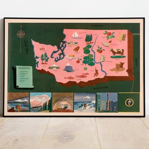 Carte historique de Washington| Impression murale de la carte de Washington| Décor mural de cartes des États-Unis| Impression sur toile prête à accrocher| Impression d’art encadrée| Affiche murale de carte