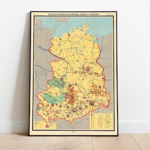 Carte de l’Allemagne de l’Est après la Seconde Guerre mondiale| Impression de carte d’Allemagne| Affiche vintage| Art mural en toile| Affiche de décoration murale| Impressions murales encadrées