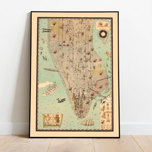 Vintage Karte von Manhattan von der Batterie bis zur 59th Street| Manhattan Wandkunst| Manhattan Wandbild | Leinwand Wanddeko | Posterdruck