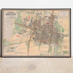 Mexiko-Stadt Karte Print| Fine Art Prints| 1886 Mexiko Stadt Karte Wandkunst| Gerahmte Kunst| Leinwandbild | Poster Kunst| Drucke Wandkunst| Landkarte Wandbilder