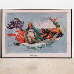 Carte historique et picturale de l’Islande| Impression d’art mural de vieille carte| Impression d’art encadrée| toile murale de carte vintage| Impression murale| Impression d’affiche