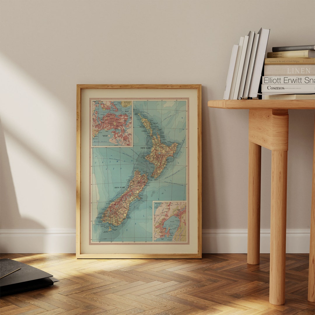 Geographical Map of New Zealand Map Wall Decor Vintage Map Wall Art