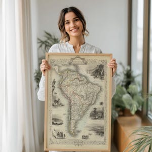 Stampa della mappa del Sud America del 1851: arte murale in stile vintage