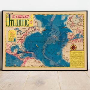 Póster del mapa del océano Atlántico/ Impresión de arte de pared del mapa del océano Atlántico / Impresión de lienzo para decoración de pared / Gráfico desplegable / Arte del cartel