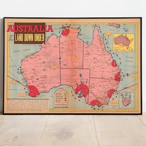 Australien Karte Print| Kunstgeschichte| 1942 Australien Karte Wand Kunst| Gerahmte Wandkunst| Leinwandbild | Poster Kunst| Drucke Wandkunst| Landkarte Wandbilder
