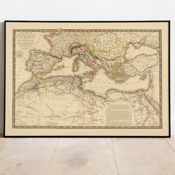 Historical Map of  Mediterranean Sea| Old Map Wall Decor| Vintage Map Wall Art| Poster Print| Framed Art Print| Canvas Print Map