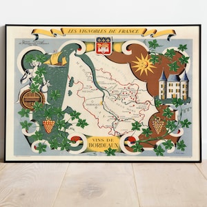 Frankreich Weine Karte Print | Kunstgeschichte| 1950 Bordeaux Karte Wandkunst| Gerahmte Wandkunst| Leinwandbild | Poster Kunst| Drucke Wandkunst| Landkarte Wandbilder