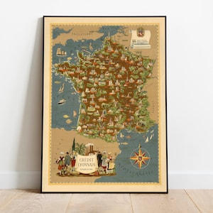 Pictorial Map of France| Wall Art Print| France Wall Map| Wall Art Canvas| Vintage Map Poster| Old France Map Print