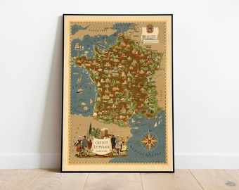 Pictorial Map of France| Wall Art Print| France Wall Map| Wall Art Canvas| Vintage Map Poster| Old France Map Print