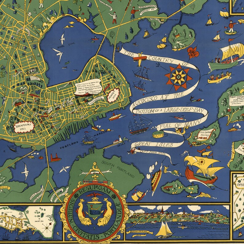 Map of Portland Maine Prints Wall Decor Portland Wall Art Etsy