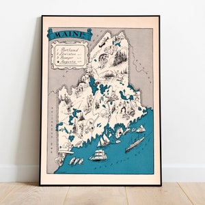 Mapa del estado de Maine/ Impresión de mapa de Maine vintage / Arte de pared de lienzo / Impresión de arte de pared de Maine / Póster de mapa vintage / Mapa desplegable