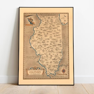 Stampa mappa vintage dell'Illinois / Arte della parete su tela dell'Illinois / Vecchia mappa Poster dell'Illinois / Stampa murale dell'Illinois / Lo stato della prateria / Mappa a discesa