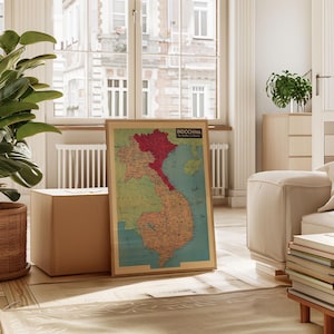 Farbige bildliche Karte von Indochina aus der Ära des Kalten Mannes gerahmtes Poster Druck Wandkunst Leinwand Kunstdruck Wanddekor