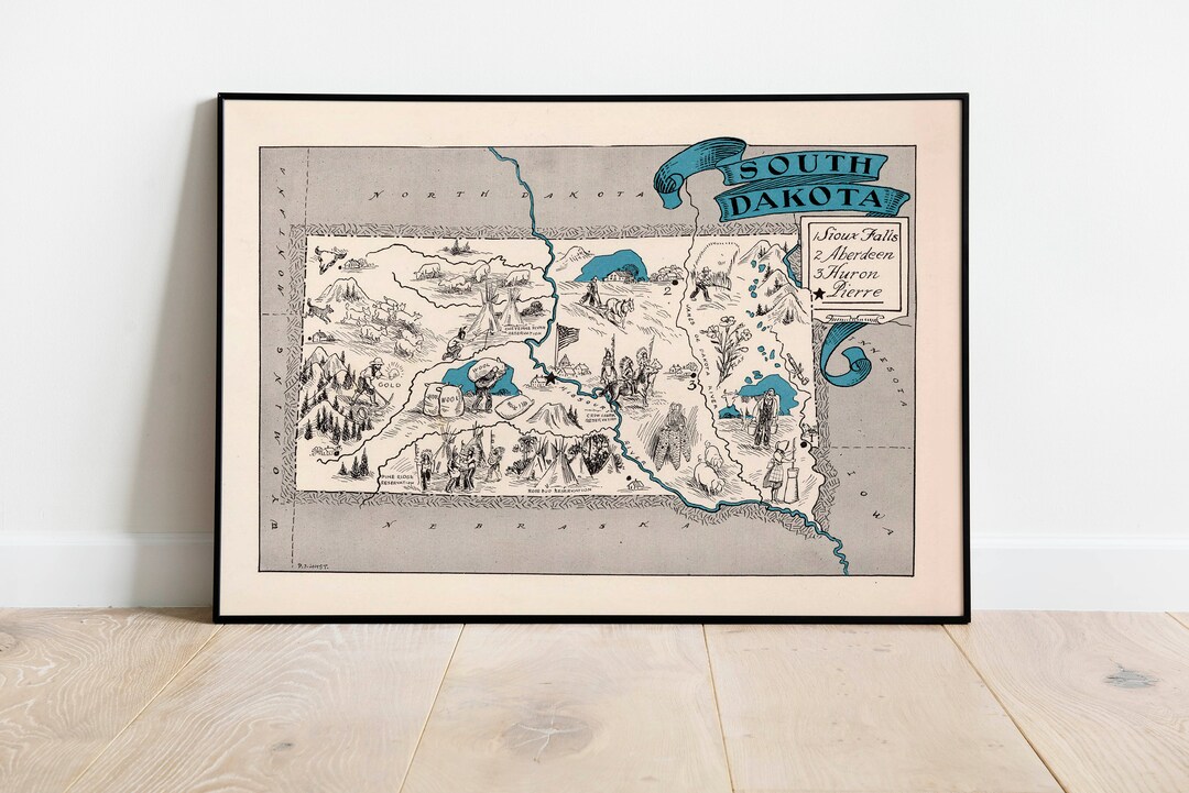 Vintage South Dakota Map Print| South Dakota Canvas Wall Art| Old Map ...