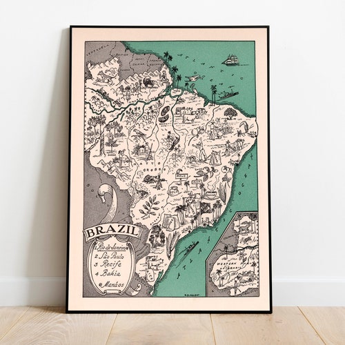 Vintage Map of Brazil Prints Wall Art Brazil Wall Art Wall Etsy