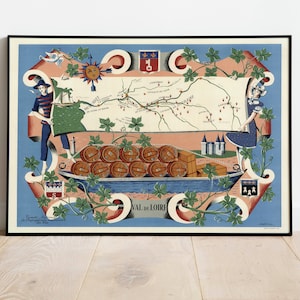 Frankreich Weine Karte Print | Kunstgeschichte| 1950 Val de Loire Karte Wandkunst| Gerahmte Kunst| Leinwandbild | Poster Kunst| Drucke Wandkunst| Landkarte Wandbilder